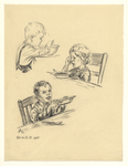 39662 Drie afbeeldingen van kinderen op één blad: een etende jongen, een huilend meisje en een jongen die zijn lege ...